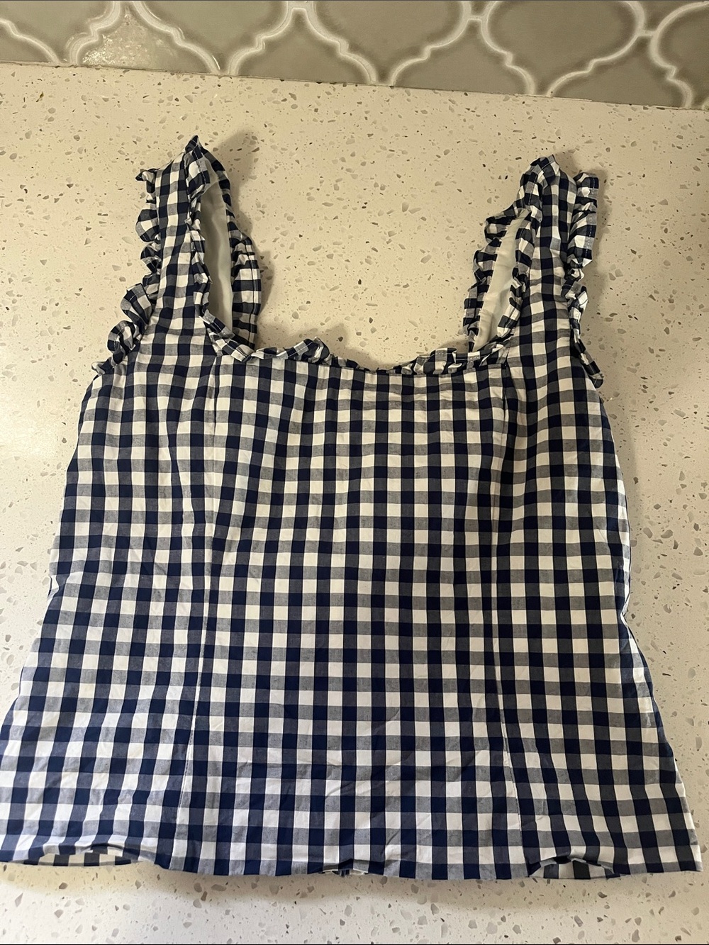 J. Crew Navy and White Gingham Ruffle-Strap tank xs